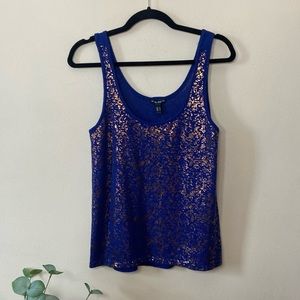 FANG Royal Blue Metallic Knit Tank Top Gold Shimmer Swing Sleeveless Scoop Neck